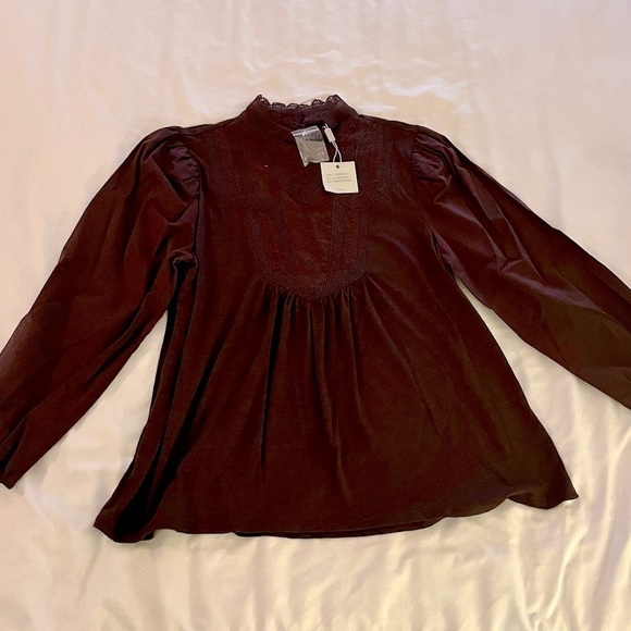 Cupio long sleeve, high neck embroidered chocolate plum shirt. Size XS With tag - Picture 2 of 9